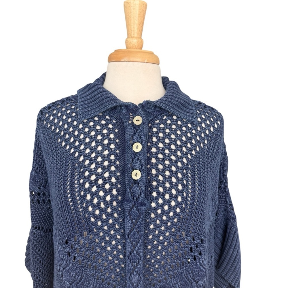 New Free People Point Polo Sweater Navy Open Knit Crochet Collar Slouchy S - Picture 2 of 8